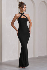 Black Sleeveless Cross-Neck Maxi Dress